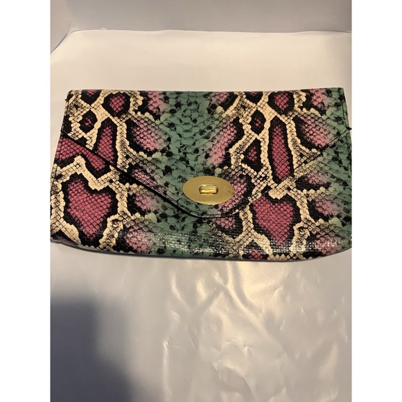 H&M Vintage Snake Pattern Pastel Clutch Bag Envelope Style Gold Turn lock Pink - Picture 1 of 6